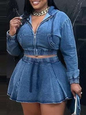 Trendy Washed Denim Cropped Hooded Skirt Set - Stylish Two-Piece Outfit