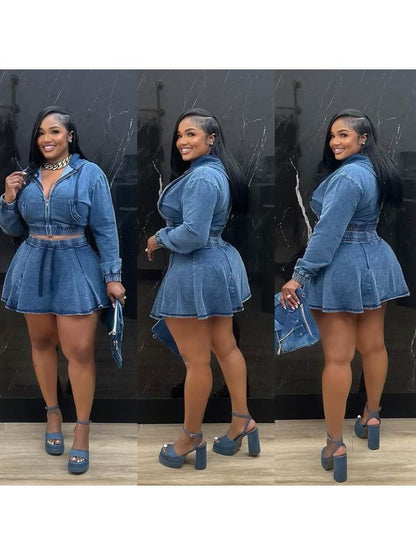 Trendy Washed Denim Cropped Hooded Skirt Set - Stylish Two-Piece Outfit