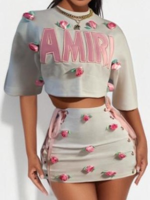 Trendy Rose Print Cropped Top & Tie-Wrap Skirt Set: Stylish Two-Piece Outfit