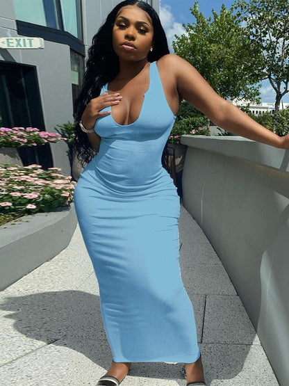 Elegant U-Neck Sleeveless Fitted Maxi Dress, Pure Color Bodycon Style