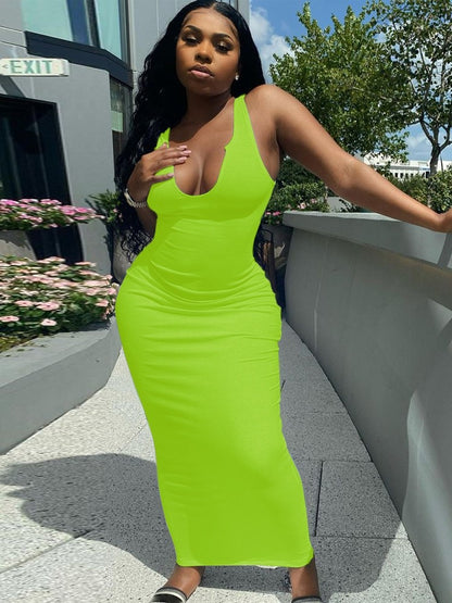 Elegant U-Neck Sleeveless Fitted Maxi Dress, Pure Color Bodycon Style