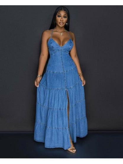 Stylish Denim Backless V-Neck Tiered Split Hem Maxi Dress for Women