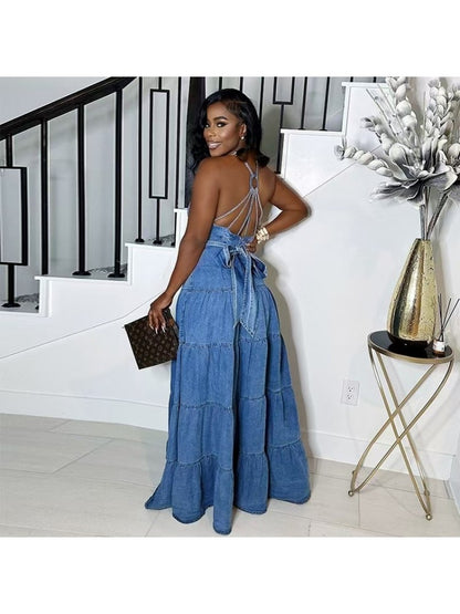 Stylish Denim Backless V-Neck Tiered Split Hem Maxi Dress for Women