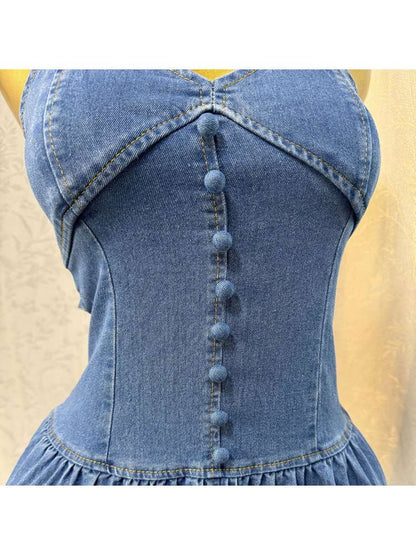 Stylish Denim Backless V-Neck Tiered Split Hem Maxi Dress for Women