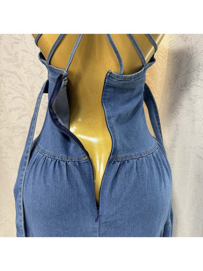 Stylish Denim Backless V-Neck Tiered Split Hem Maxi Dress for Women