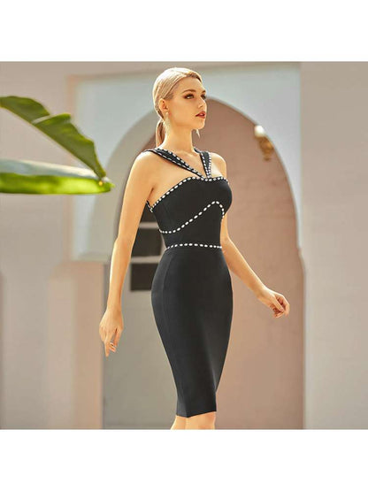 Sparkling Rhinestone Embellished Black Sleeveless Midi Party Dress