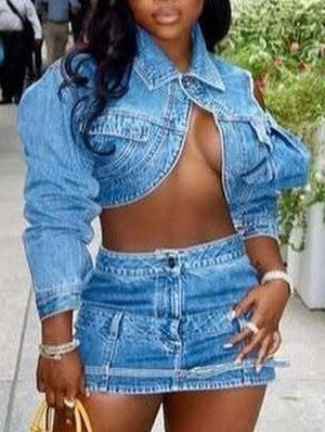 Trendy Washed Denim Cropped Jacket & Mini Skirt Set - Irregular Design