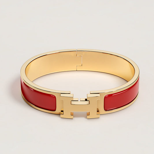 Hermes Clic H Red Enamel Yellow Gold Plated Narrow Bracelet for Women