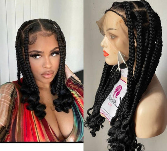 Elegant Knotless Jumbo Braids Wig with Curly Ends, Full Lace Glueless Natural Look