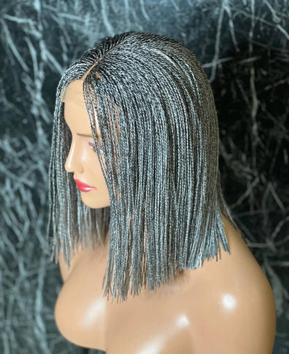 Chic Gray Blunt Cut Braided Wig Closure - Short Bob Micro Braids Style