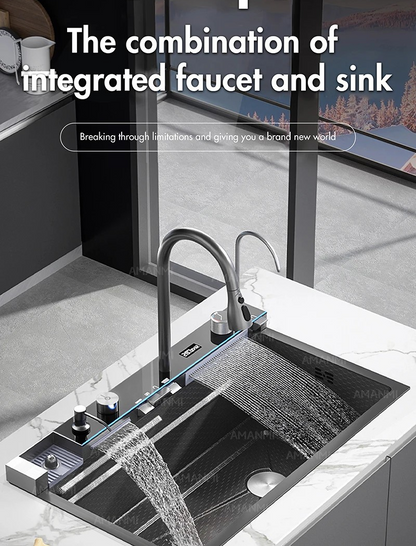 304 Stainless Steel Waterfall Kitchen Sink Large Single Slot Integrated Digital Display Faucet Set Soap Dispenser Cup Washer